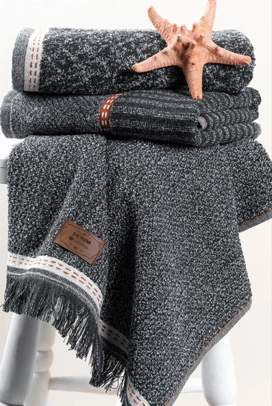 Cotton Box 3'lü Jakarlı Havlu Seti Denim Antrasit 50x90 - 2