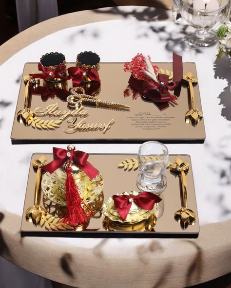 Harmony Gold Söz Nişan Tepsisi ve Damat Kahve Fincan Tepsisi  Kırmızı
