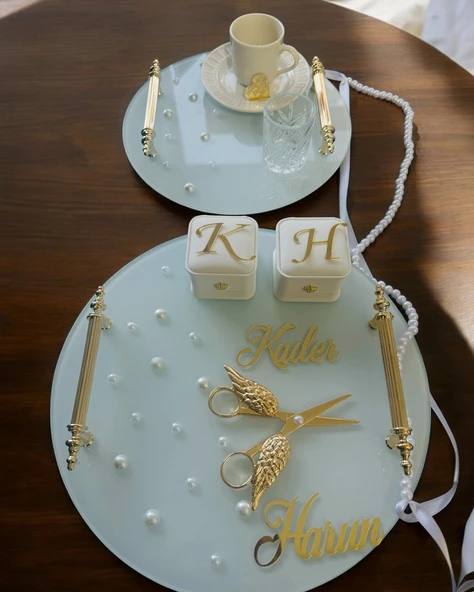 Beloved Gold Beyaz İncili Söz Tepsisi Nişan Tepsisi ve Damat Kahve Fincan Tepsisi  krem - 4