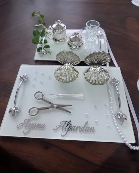 Adore Gümüş Beyaz İncili Söz Tepsisi Nişan Tepsisi ve Damat Kahve Fincan Tepsisi  Kırmızı