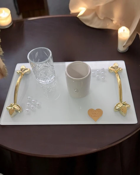 Adore Gold Beyaz İncili Söz Tepsisi Nişan Tepsisi ve Damat Kahve Fincan Tepsisi  Pembe - 2