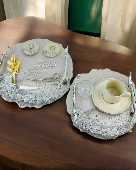Enchant Gümüş Polyester Söz Tepsisi ve Damat Kahve Fincan Tepsisi   gümüş - 3