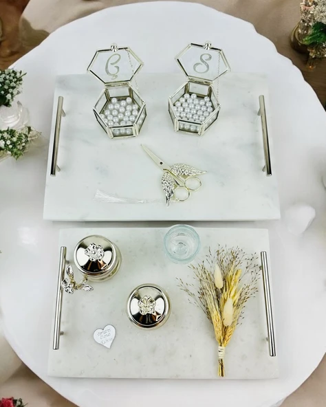 Gümüş Mermer Söz Tepsisi ve Damat Kahve Fincan Tepsisi  Kırmızı