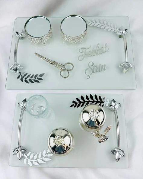 Admire Şeffaf Nişan Tepsisi ve Damat Kahve Fincan Tepsisi  Beyaz