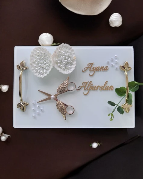Adore Gold Beyaz İncili Söz Tepsisi Nişan Tepsisi ve Damat Kahve Fincan Tepsisi  BORDO - 4
