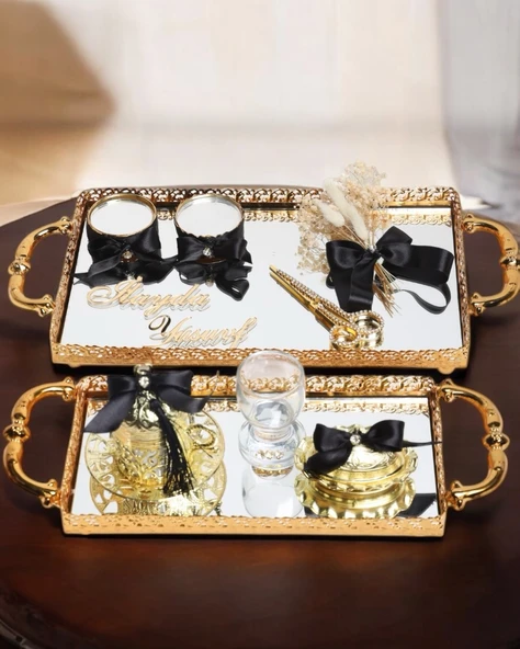Affection Dantelli Gold Söz Nişan Tepsi Seti  Siyah