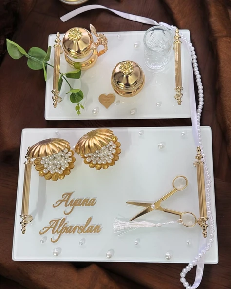 Bonding Gold Beyaz İncili Söz Tepsisi Nişan Tepsisi ve Damat Kahve Fincan Tepsisi  Mor