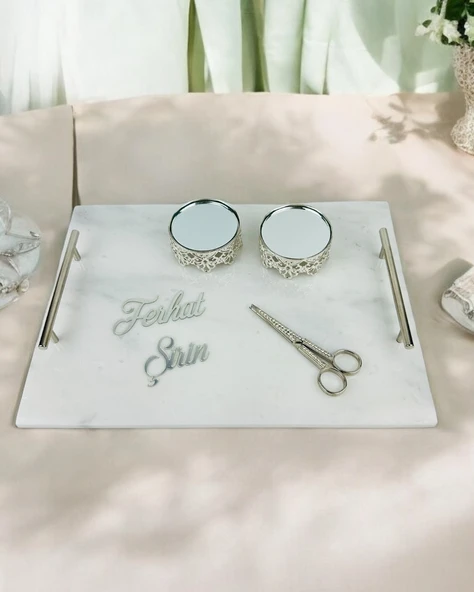 Gümüş Mermer Söz Tepsisi ve Damat Kahve Fincan Tepsisi  Beyaz - 2