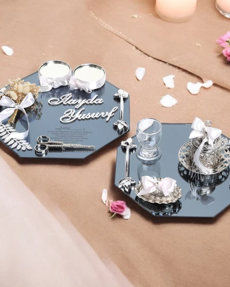 Affinity Sekizgen Gümüş Söz Nişan Tepsisi ve Damat Kahve Fincan Tepsi Seti  Beyaz