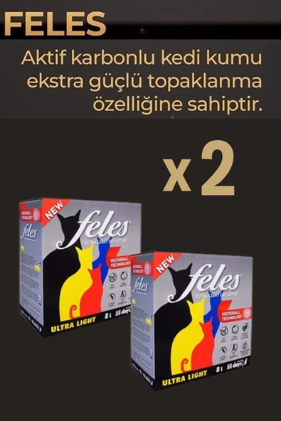 FELES TOZSUZ KEDİ KUMU 8 LT X 2 ADET (DOĞAL, AKTİF KARBONLU)