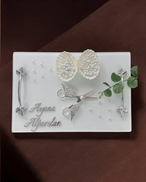 Adore Gümüş Beyaz İncili Söz Tepsisi Nişan Tepsisi ve Damat Kahve Fincan Tepsisi  Pembe - 2