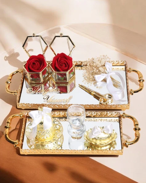Affection Dantelli Gold Söz Nişan Tepsisi  Beyaz