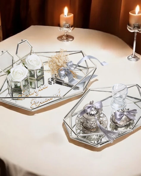 Elation Gümüş Prizma Söz Nişan Tepsisi ve Damat Kahve Fincan Tepsisi  GRİ