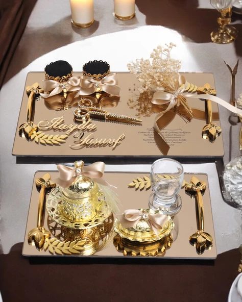 Harmony Gold Söz Nişan Tepsisi ve Damat Kahve Fincan Tepsisi  gold