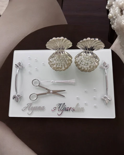 Adore Gümüş Beyaz İncili Söz Tepsisi Nişan Tepsisi ve Damat Kahve Fincan Tepsisi  Kırmızı - 4