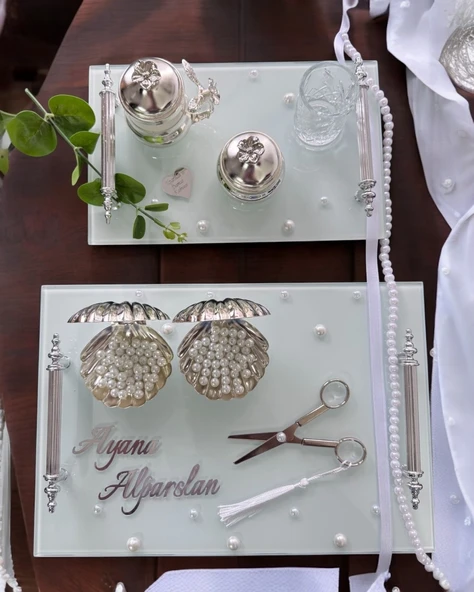 Bonding Gümüş Beyaz İncili Söz Tepsisi Nişan Tepsisi ve Damat Kahve Fincan Tepsisi  GRİ