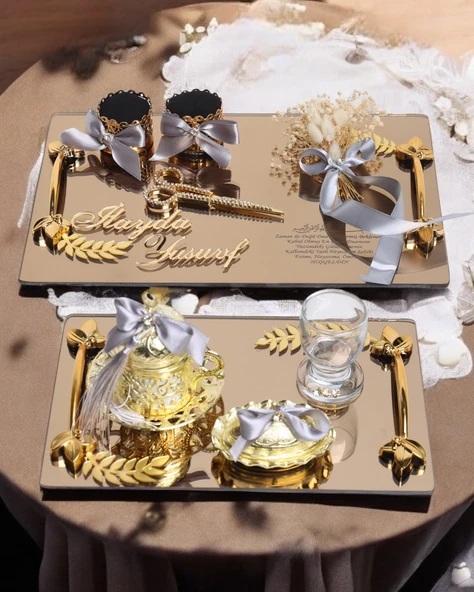 Harmony Gold Söz Nişan Tepsisi ve Damat Kahve Fincan Tepsisi  GRİ