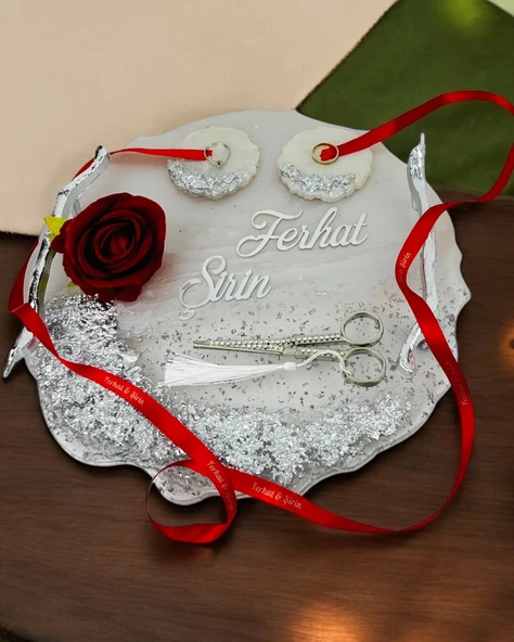 Enchant Gümüş Polyester Söz Tepsisi ve Damat Kahve Fincan Tepsisi   GRİ - 2
