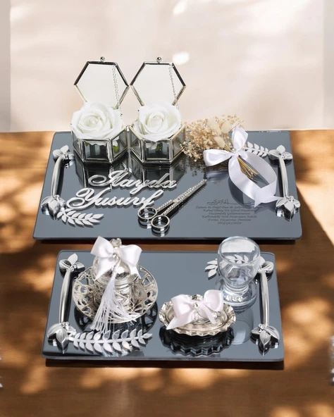 Harmony Gümüş Söz ve Nişan Tepsisi Damat Fincan Kahve Tepsisi  Beyaz