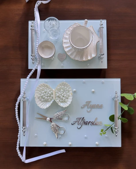 Bonding Gümüş Beyaz İncili Söz Tepsisi Nişan Tepsisi ve Damat Kahve Fincan Tepsisi  Kırmızı