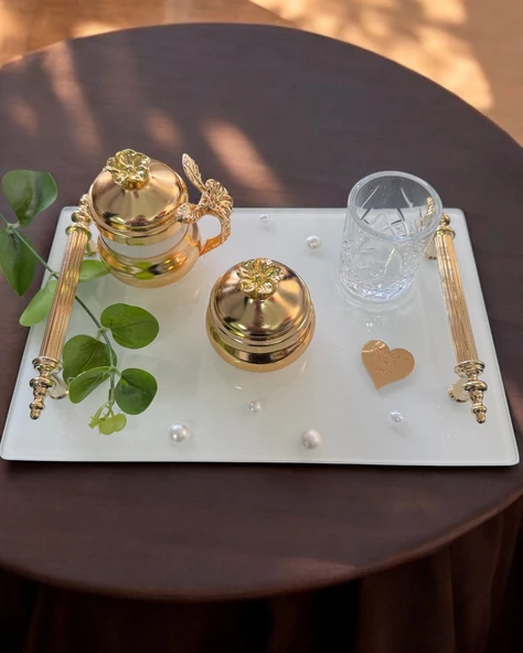 Bonding Gold Beyaz İncili Söz Tepsisi Nişan Tepsisi ve Damat Kahve Fincan Tepsisi  Mor - 3