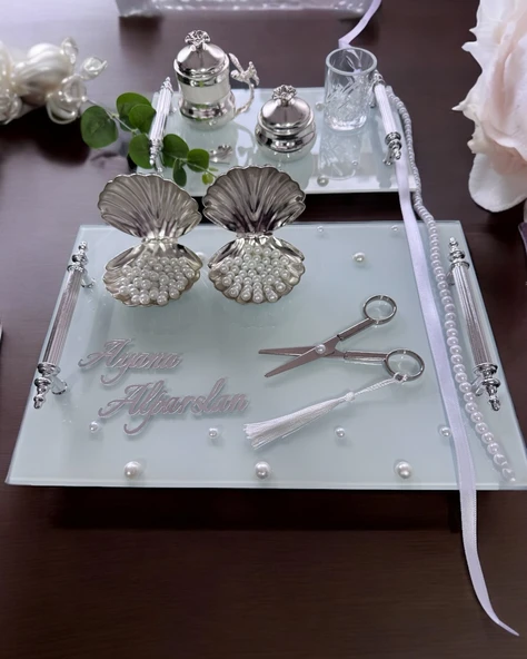 Bonding Gümüş Beyaz İncili Söz Tepsisi Nişan Tepsisi ve Damat Kahve Fincan Tepsisi  mavi - 3