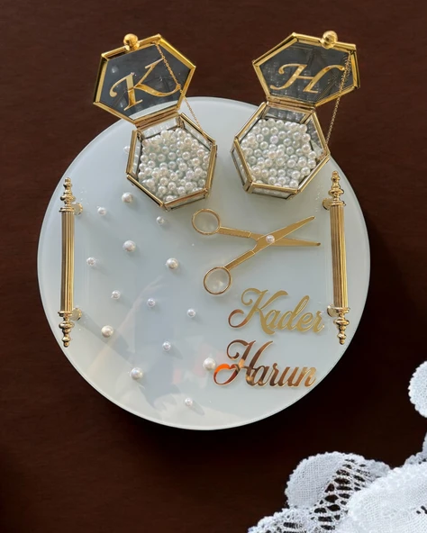 Beloved Gold Beyaz İncili Söz Tepsisi Nişan Tepsisi ve Damat Kahve Fincan Tepsisi  gold - 2