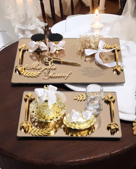 Harmony Gold Söz Nişan Tepsisi ve Damat Kahve Fincan Tepsisi  Beyaz