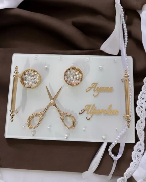 Bonding Gold Beyaz İncili Söz Tepsisi Nişan Tepsisi ve Damat Kahve Fincan Tepsisi  Kırmızı - 2