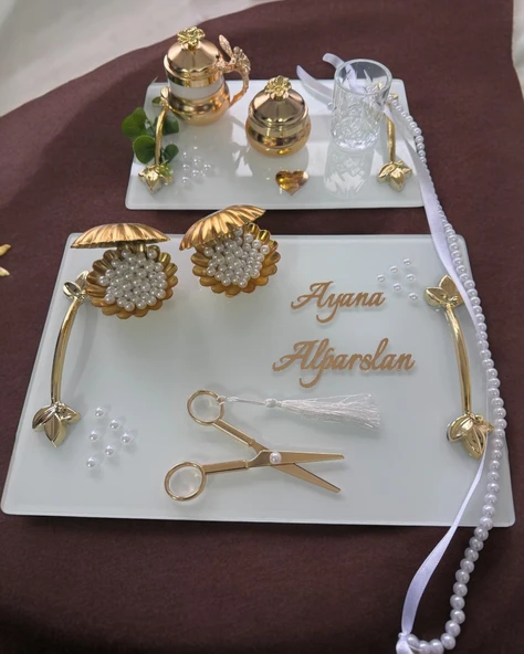 Adore Gold Beyaz İncili Söz Tepsisi Nişan Tepsisi ve Damat Kahve Fincan Tepsisi  GRİ - 4