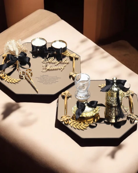 Affinity Sekizgen Gold Söz Nişan Tepsisi ve Damat Kahvesi  Siyah