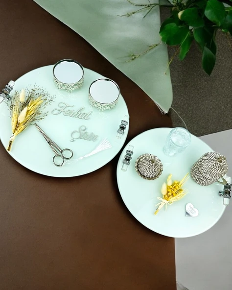 Cherish Söz Tepsisi ve Damat Kahve Fincan Tepsisi  gümüş