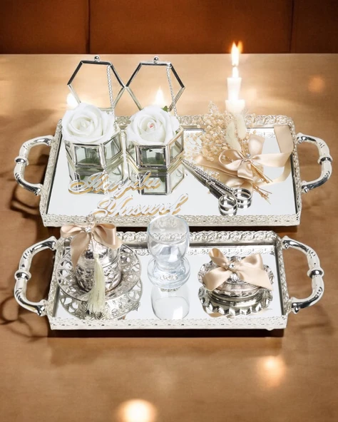 Affection Dantelli Gümüş Söz Nişan Tepsisi ve Damat Kahve Fincan Tepsisi  gold