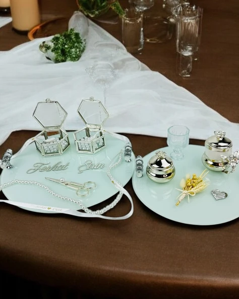 Cherish Söz Tepsisi ve Damat Kahve Fincan Tepsisi  krem