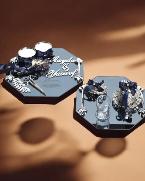 Affinity Sekizgen Gümüş Söz Nişan Tepsisi ve Damat Kahve Fincan Tepsi Seti  lacivert