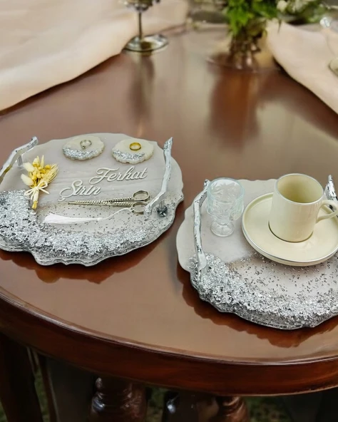 Enchant Gümüş Polyester Söz Tepsisi ve Damat Kahve Fincan Tepsisi   gümüş - 2