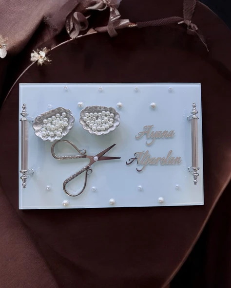 Bonding Gümüş Beyaz İncili Söz Tepsisi Nişan Tepsisi ve Damat Kahve Fincan Tepsisi  krem - 2