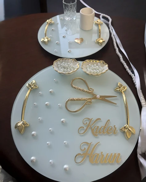 Beloved Gold Beyaz İncili Söz Tepsisi Nişan Tepsisi ve Damat Kahve Fincan Tepsi Seti  krem - 2