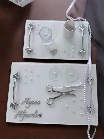 Adore Gümüş Beyaz İncili Söz Tepsisi Nişan Tepsisi ve Damat Kahve Fincan Tepsisi  mavi