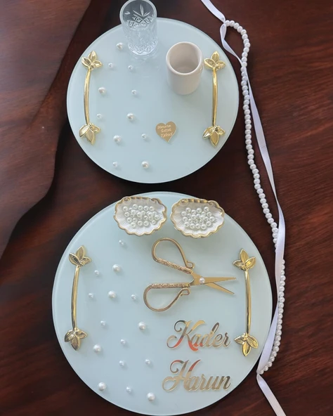 Beloved Gold Beyaz İncili Söz Tepsisi Nişan Tepsisi ve Damat Kahve Fincan Tepsi Seti  krem