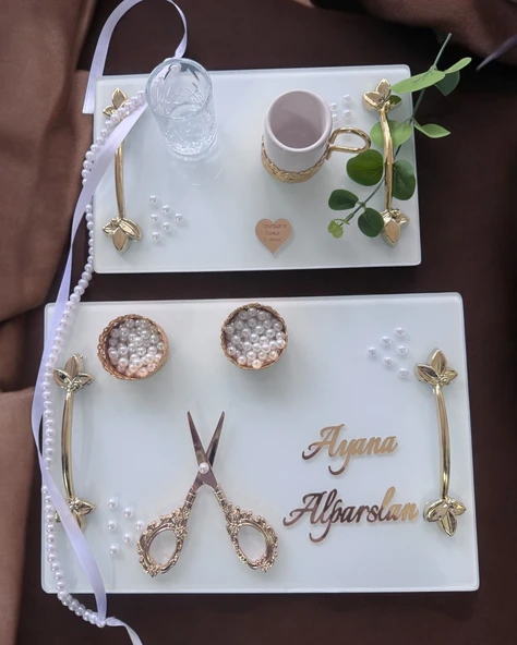 Adore Gold Beyaz İncili Söz Tepsisi Nişan Tepsisi ve Damat Kahve Fincan Tepsisi  Beyaz - 2