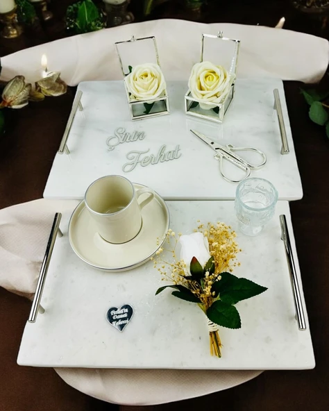 Gümüş Mermer Söz Tepsisi ve Damat Kahve Fincan Tepsisi  GRİ