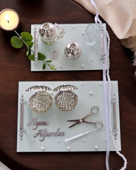 Bonding Gümüş Beyaz İncili Söz Tepsisi Nişan Tepsisi ve Damat Kahve Fincan Tepsisi  mavi