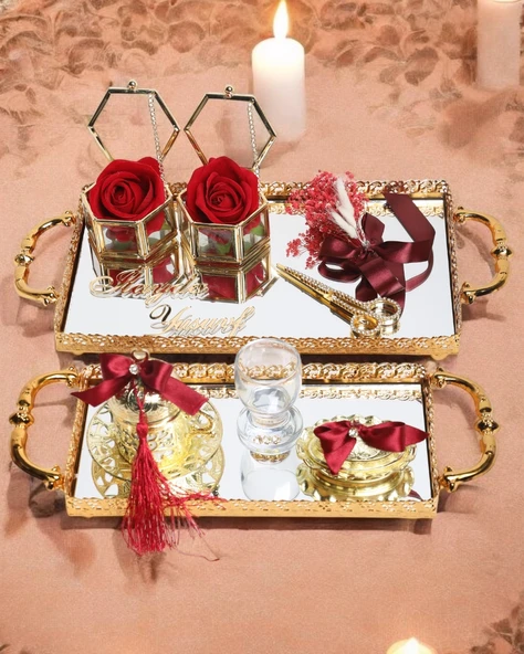 Affection Dantelli Gold Söz Nişan Tepsisi  Kırmızı