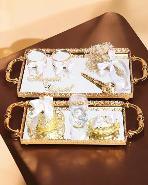 Affection Dantelli Gold Söz Nişan Tepsi Seti  Beyaz