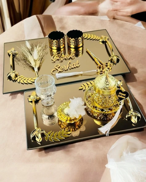 Cherish Gold Aynalı Nişan Tepsisi ve Söz Tepsisi krem