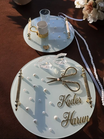 Beloved Gold Beyaz İncili Söz Tepsisi Nişan Tepsisi ve Damat Kahve Fincan Tepsisi  Beyaz