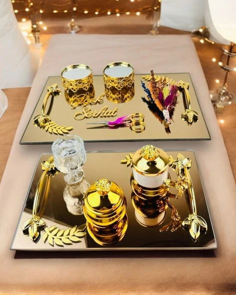 Cherish Gold Aynalı Nişan Tepsisi ve Söz Tepsisi  gold