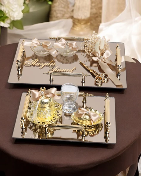Reverence Gold 4 KULP Söz Tepsisi ve Nişan Tepsi Seti  gold