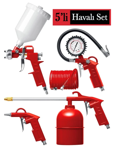 Rowermax Kompresör İçin 5 Parça Havalı Boya Lastik Tabanca Seti
